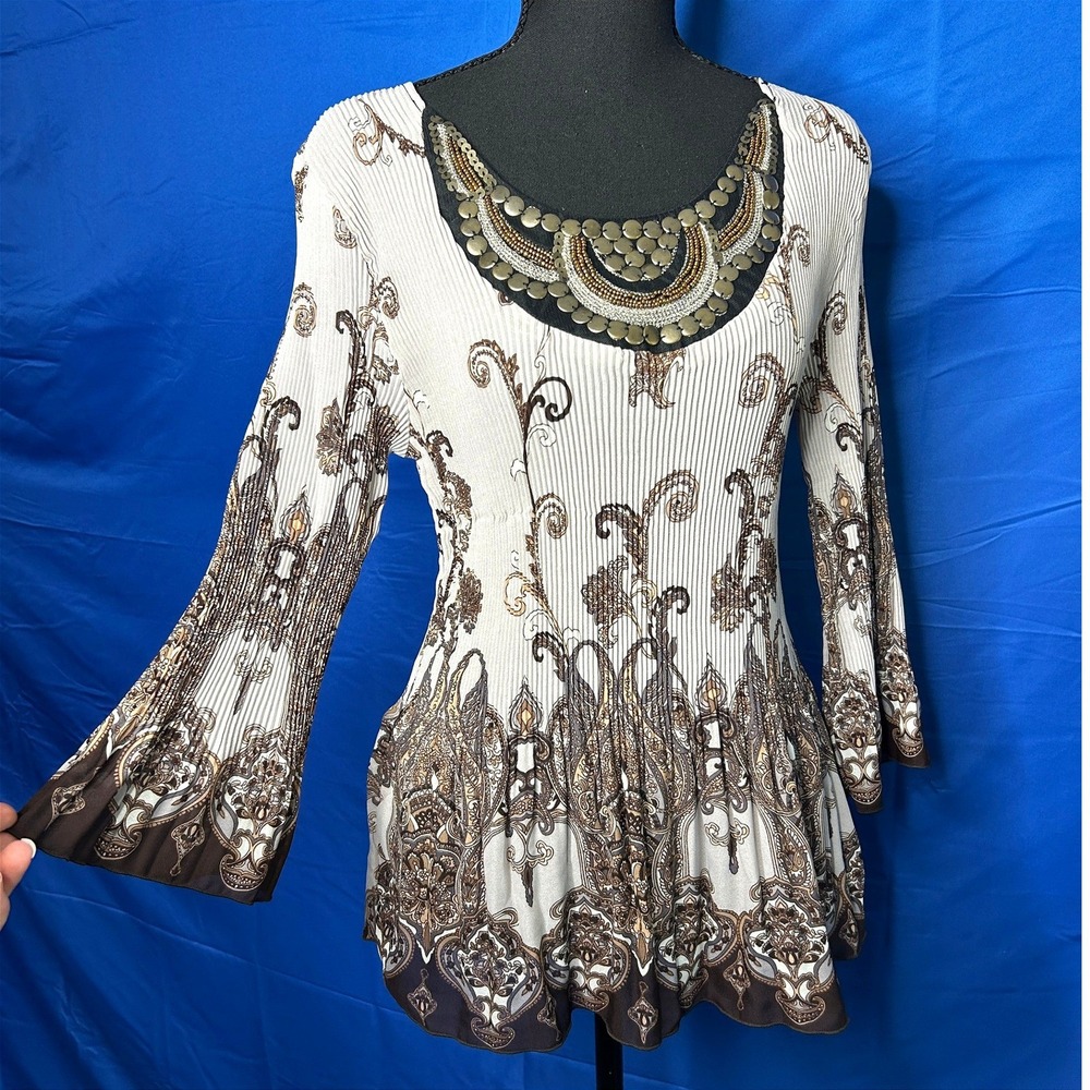Women Y2K Ornate Paisley Flare Sleeve Top Sz PL Indie Art to Wear Old Money Chic